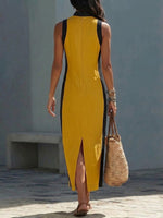 Casual Sleeveless Linen-blend Dress With Contrast Trim