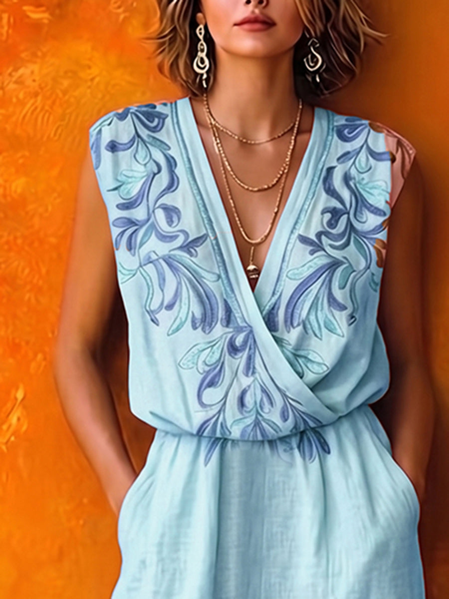 Boho Vintage V-neck Floral Print Sleeveless Jumpsuit