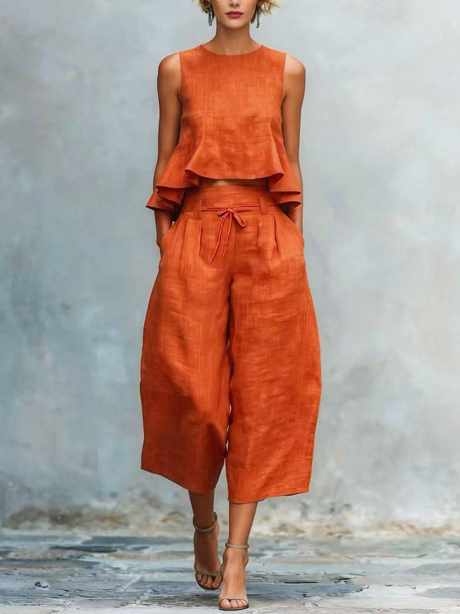 Women's Casual Stylish Ruffled Loose Sleeveless Top And Pants Linen Two-piece Set