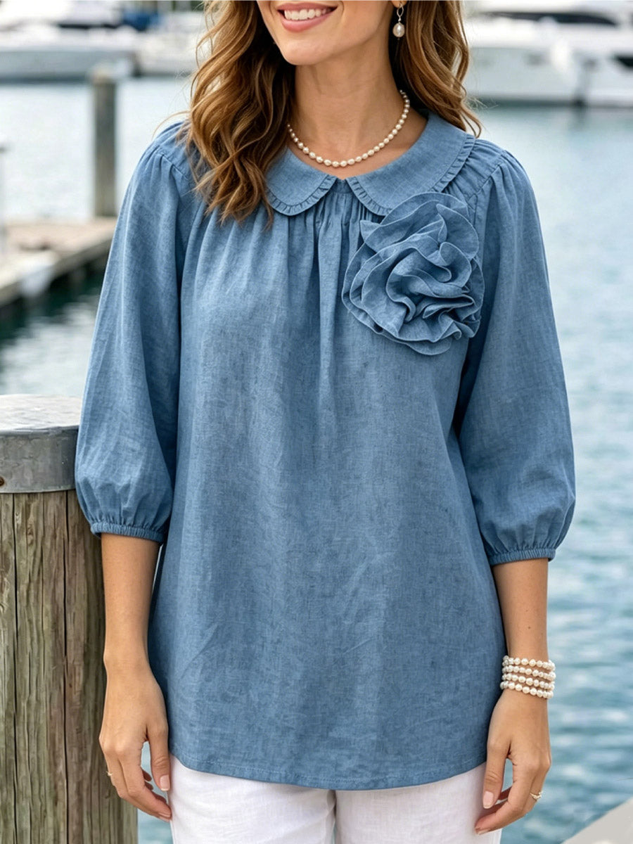 Women's Casual Flower Stylish Peter Pan Collar Art 3/4 Sleeve Cotton Linen Shirt