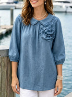 Women's Casual Flower Stylish Peter Pan Collar Art 3/4 Sleeve Cotton Linen Shirt