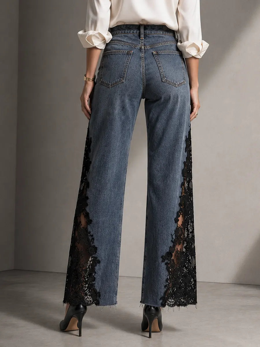 Elegant Lace Panel Wide Leg Denim Jeans For Women – High Waist Premium Vintage Wash Jeans