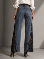 Elegant Lace Panel Wide Leg Denim Jeans For Women – High Waist Premium Vintage Wash Jeans