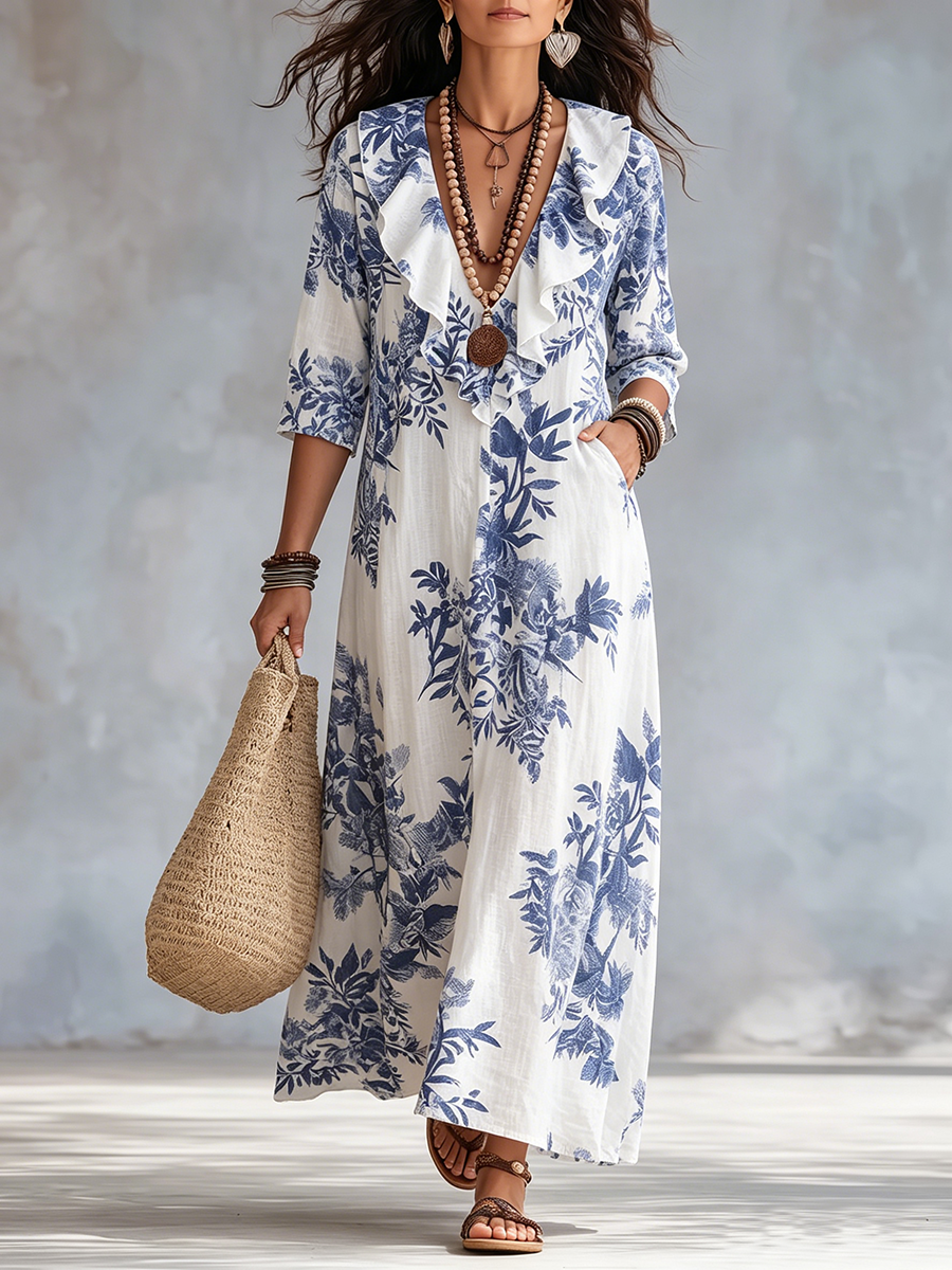 Romantic Ruffled Floral Cotton-linen Dress