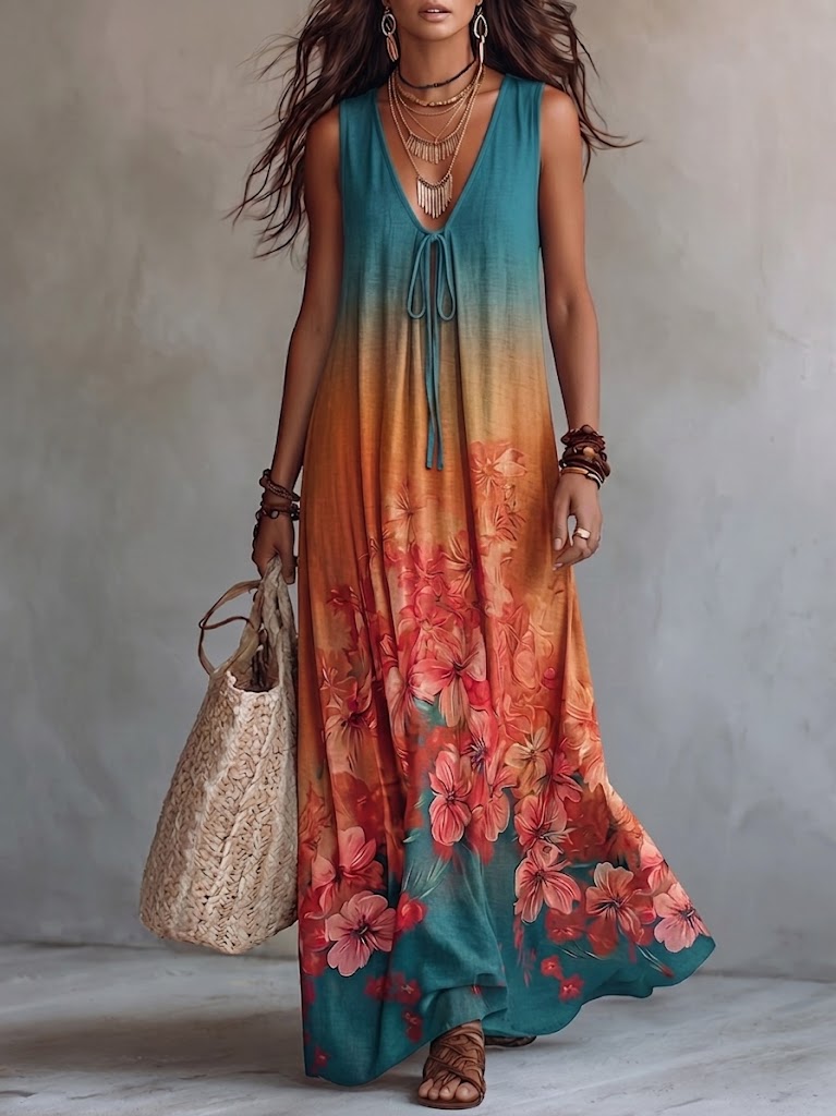 Bohemian Floral Print Sleeveless Linen And Cotton Maxi Dress