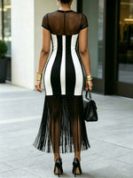 Women's Striped Pattern Fringe Chic Art Casual Stylish Midi Dress