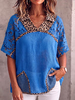 Vintage Elegant Patchwork Denim Leopard Cut-Out Cotton-Linen Shirt
