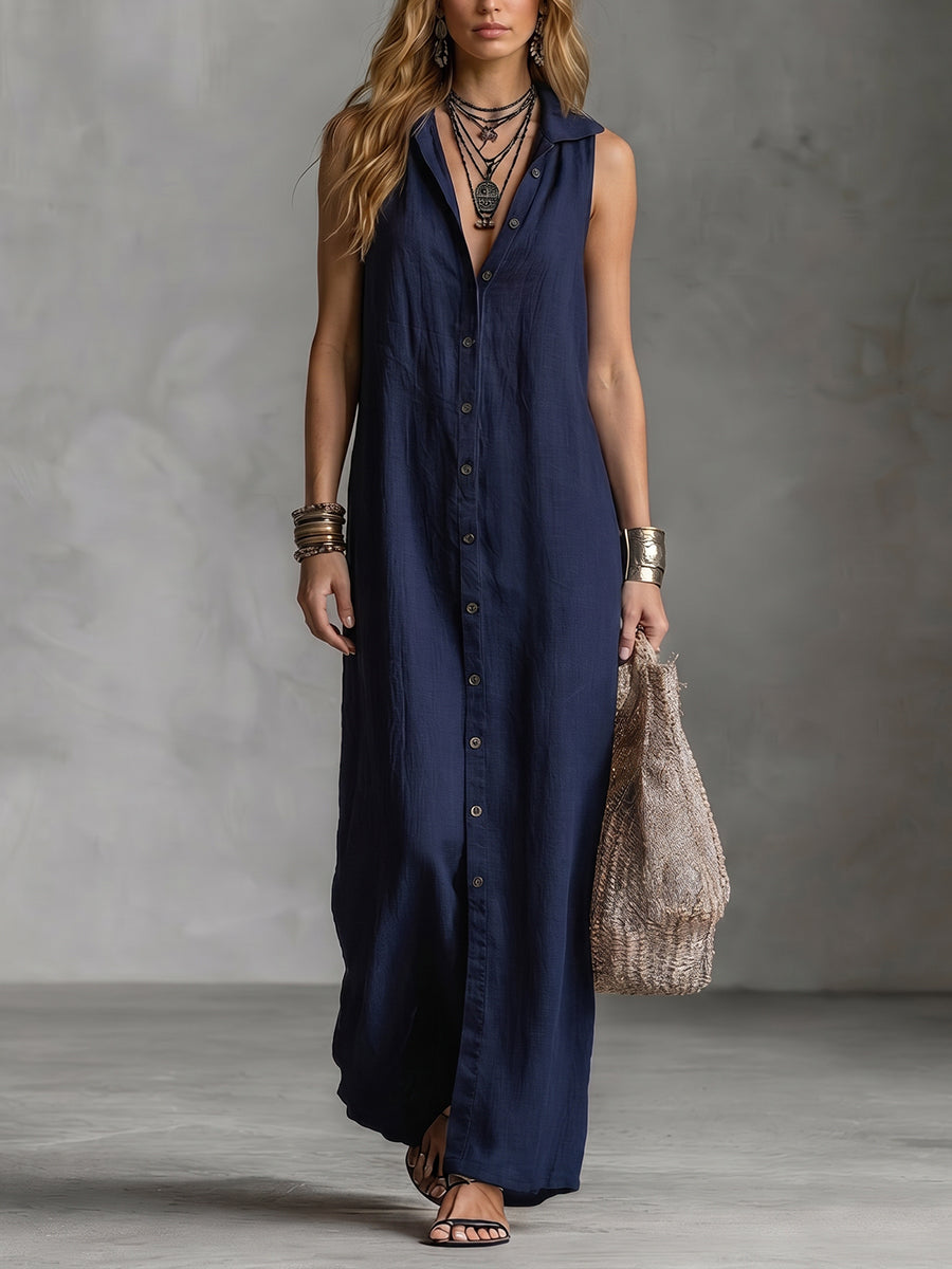 Casual Loose Sleeveless Long Dress With Single-breasted Buttons And A Stylish Hooded Design