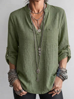 Long-sleeve Linen Top Featuring A Split Mandarin Collar, V-neck, Roll-up Sleeves, And Patch Pockets