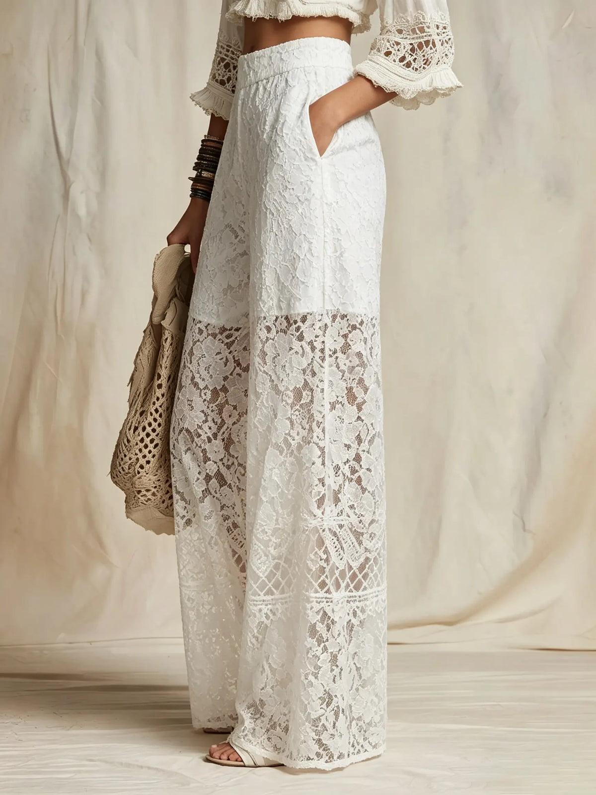 Women's Solid Floral Lace Wide Leg Casual Pants