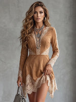 Bohemian Faux Suede Lace-Trimmed V-Neck Asymmetrical Dress