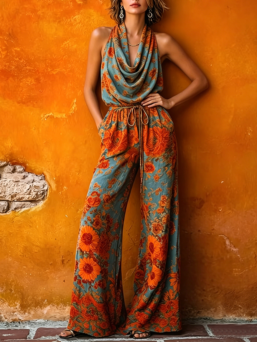 Boho Vintage Cowl-neck Floral Print Jumpsuit
