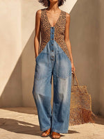 Women's V-neck Sleeveless Casual Loose-fit Leopard Print & Denim Patchwork Wide-leg Jumpsuit