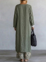Two-piece Set Featuring A Floral Print Wide-leg Linen Pant And A Long, Side-slit Tunic With A Round Neck And Roll-tab Long Sleeves