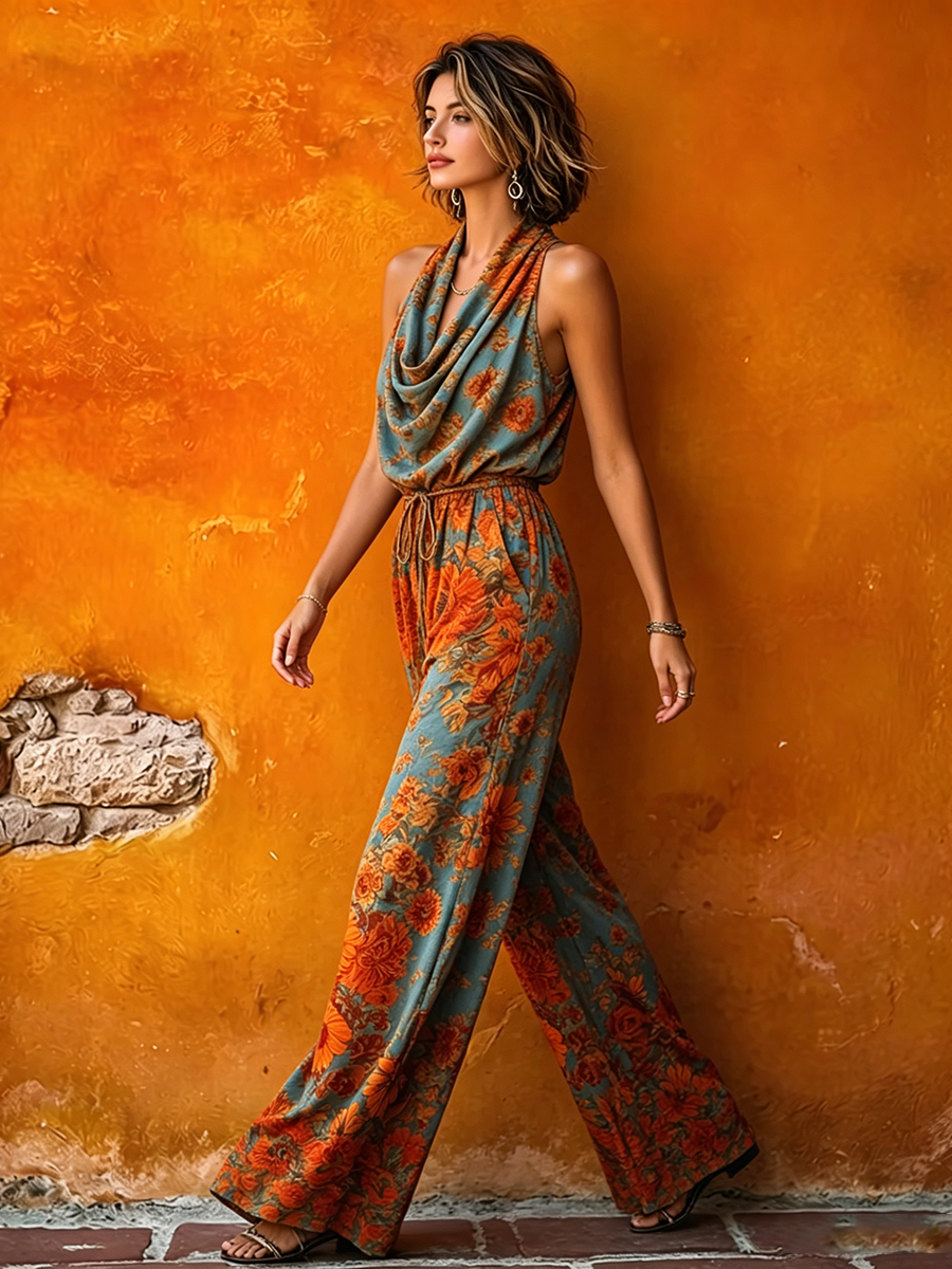 Boho Vintage Cowl-neck Floral Print Jumpsuit