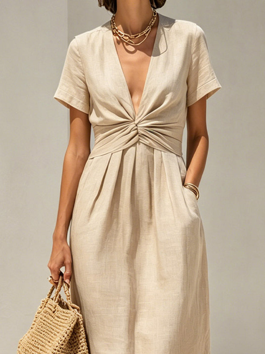 Women's Twist Art Casual Stylish V-collar Short Sleeve Cotton Linen Midi Dress