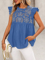 Women's Casual Ruffled Stylish Embroidered Art Round Collar Loose Shirt