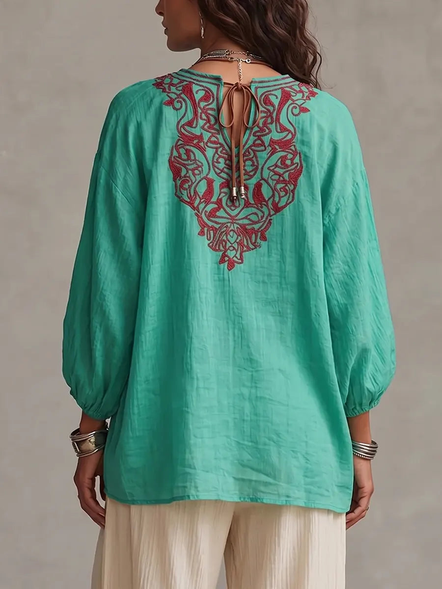 Vibrant Bohemian Embroidered Tunic – Relaxed V-Neck Blouse