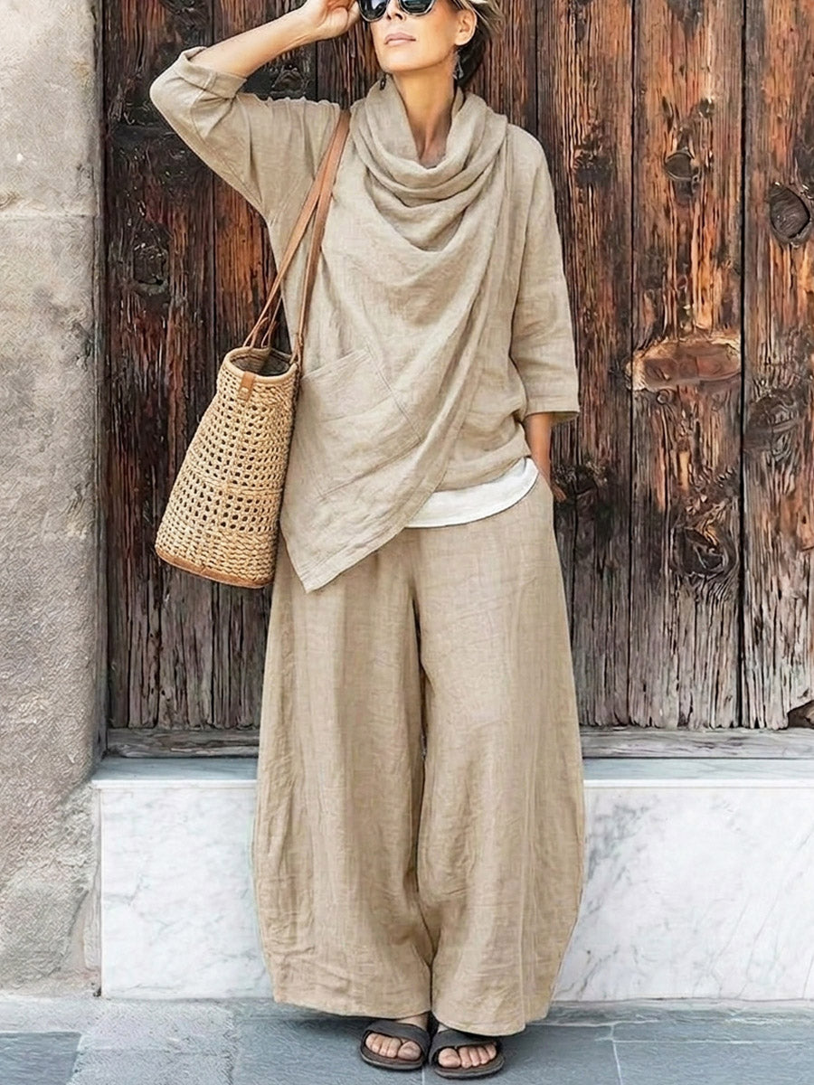 Women's Casual Stylish Cowl Neck Top And Pants Cotton And Linen Two-piece Set