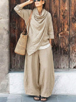 Women's Casual Stylish Cowl Neck Top And Pants Cotton And Linen Two-piece Set