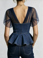 Women's Solid Tulle Spliced Denim Ruffle Waist-Cinched Crop Top