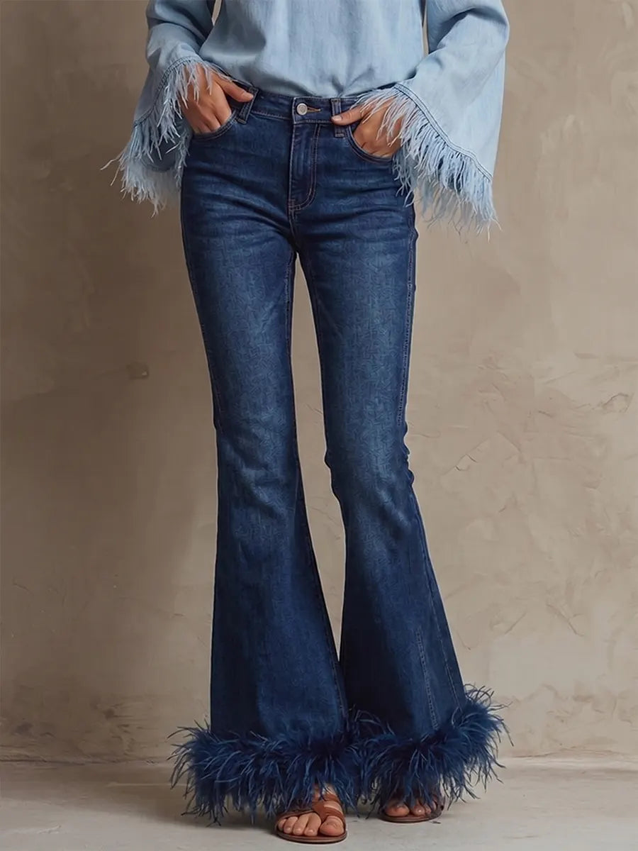 Boho-Chic Feather-Trim Denim Flared Pants
