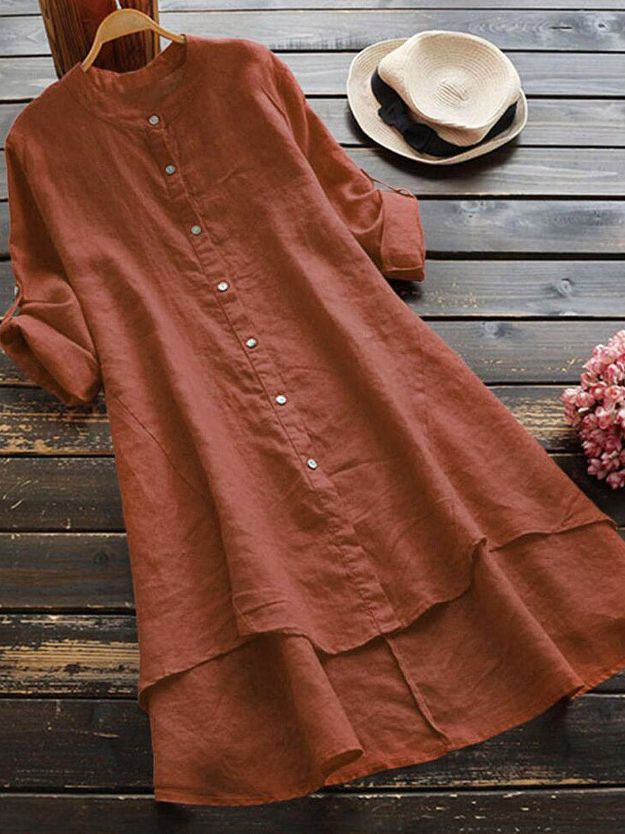 Women's Solid Color Stylish Art Casual Long Sleeve Cotton And Linen Dress