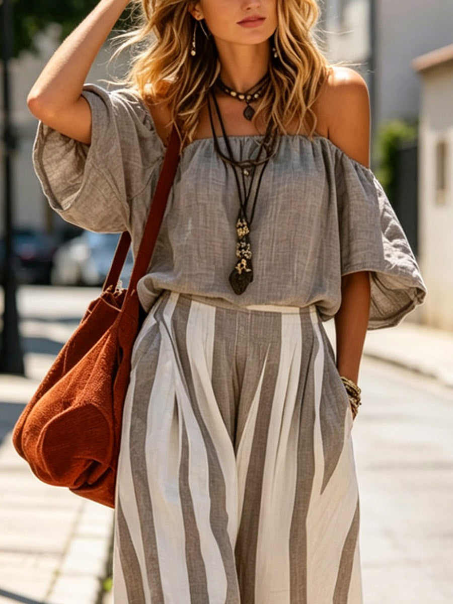 Women's Off-the-shoulder Art Comfortable Casual Top And Striped Pants Cotton Linen Two-piece Set