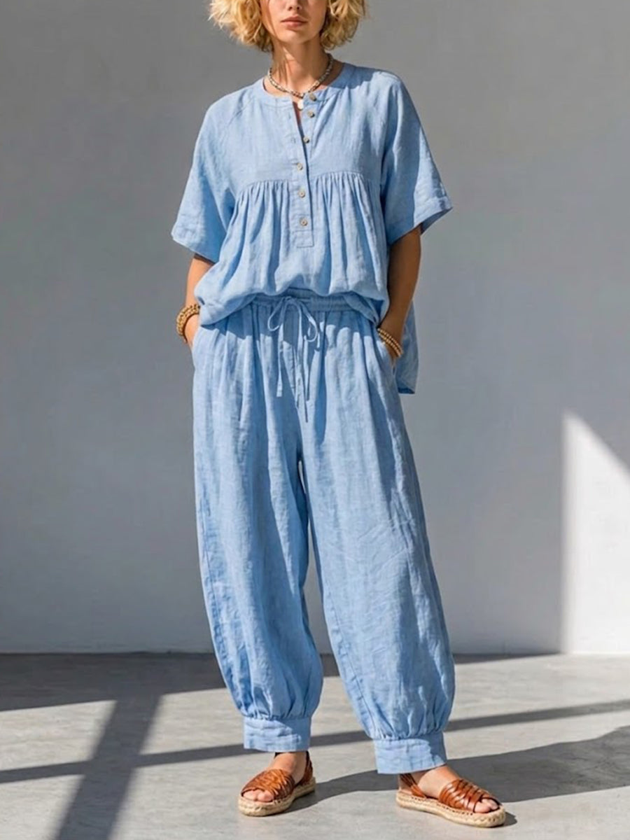 Comfortable And Casual Two-piece Set Featuring A Linen-cotton Top And Lantern Pants.