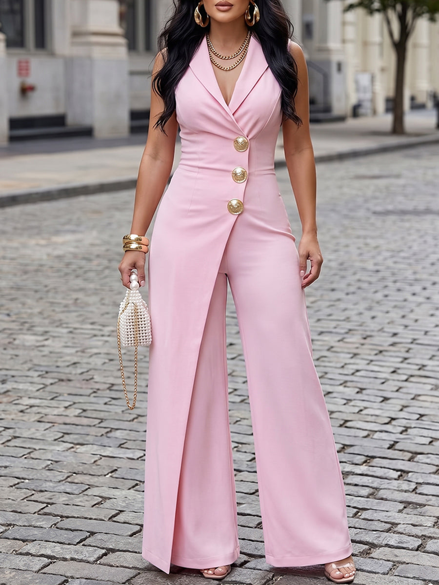 Timeless Elegance-Metal-button Wide-leg Blazer Jumpsuit