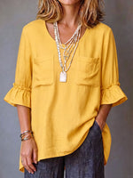 Women's Solid Color U-neck 3/4 Sleeve Casual Loose Cotton-linen Top