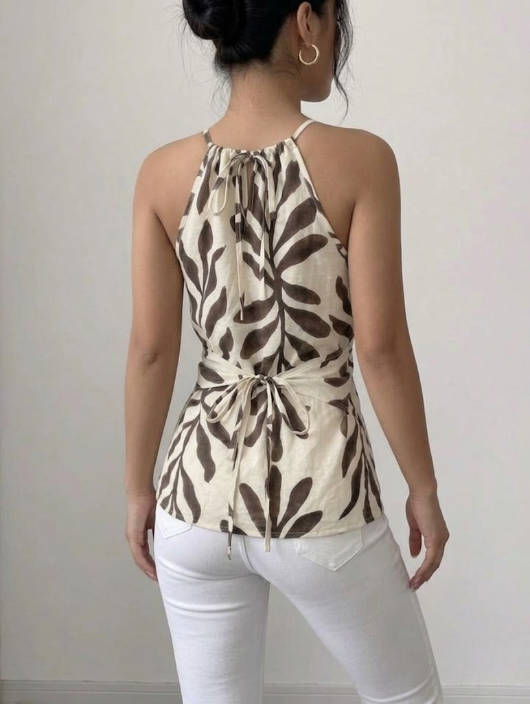 Printed Sleeveless Wrap-style Linen And Cotton Top
