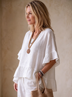 Chic White Linen Ruffle Top