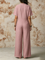 Short-sleeve Wide-leg Cotton-linen Jumpsuit Featuring A Stand Collar, Half-button Placket, And Dual Chest Patch Pockets