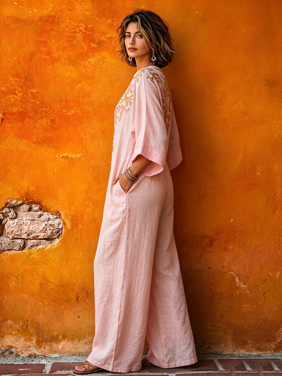 Bohemian V-neck Floral Cotton-linen Jumpsuit