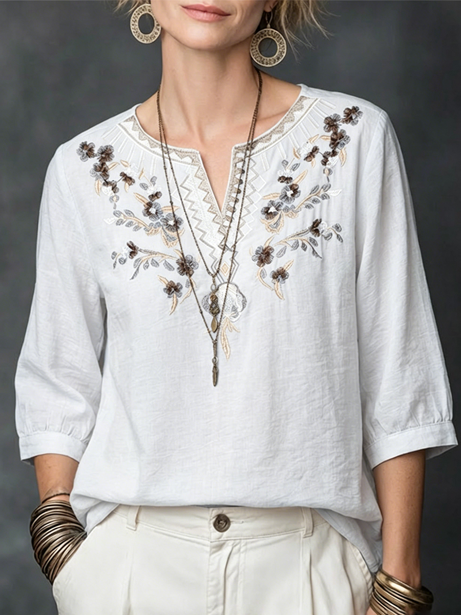 Flower Embroidery V-neck Seven Fold Pleated Sleeve Cotton Linen Blend Top