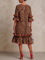 Elegant Ruffled Leopard-print Linen And Cotton Dress