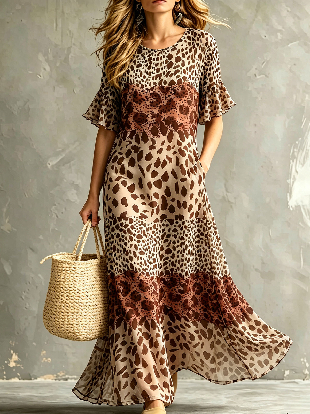 Women's Gradient Block Leopard Print Ruffle Short Sleeve Maxi Dress With Pockets