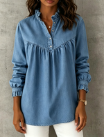 Loose-fit Denim Shirt Featuring A Stand Collar With Lettuce-edge Trim, A Partial Button Placket, Front Shirring, And Long Sleeves With Ruffled, Cinched Cuffs