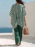 Two-piece Set Featuring A Loose, Comfortable Striped Chiffon Top And Green Trousers.