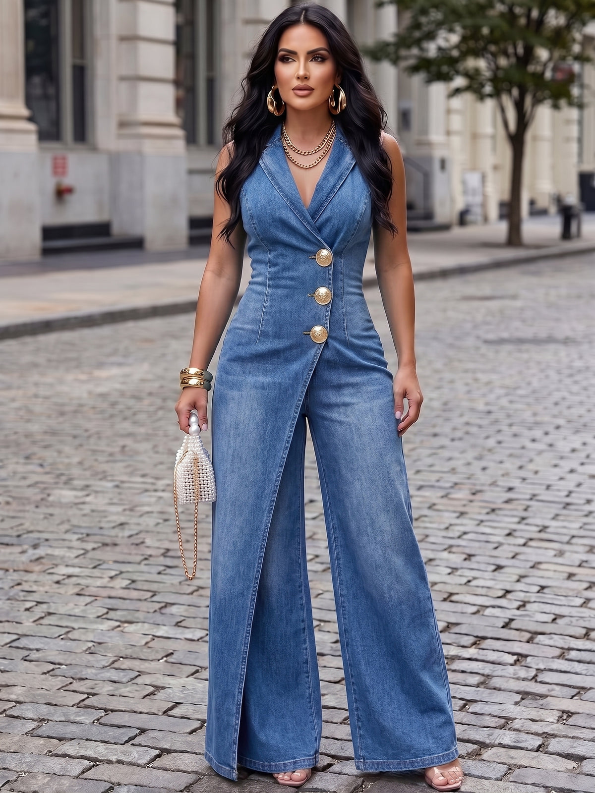Timeless Elegance-Metal-button Stretch Denim Wide-leg Blazer Jumpsuit