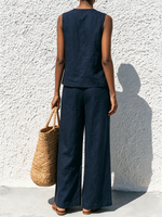Two-piece Set: Sleeveless Cotton-linen Top With Round Neck And Side Button Detail + High-waisted Straight-leg Wide-leg Trousers