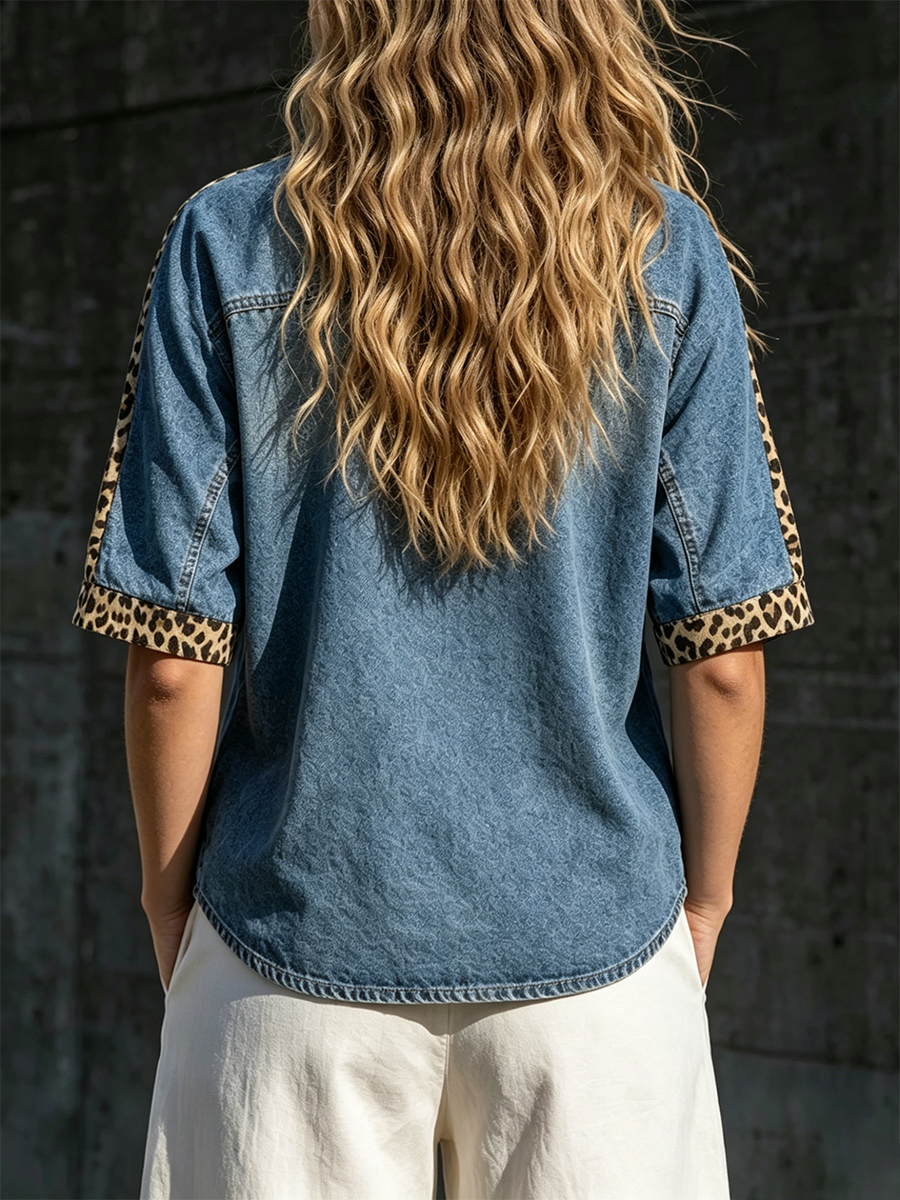 Washed Denim Leopard Contrast Trim V-neck Short Sleeve Dual Patch Pocket Casual Shirt