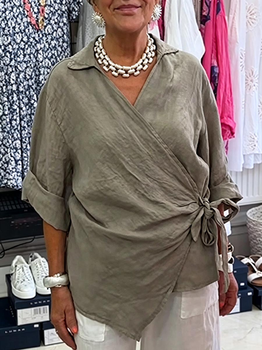 Women's Solid Color V-neck 3/4 Sleeve Casual Loose Cotton-linen Top