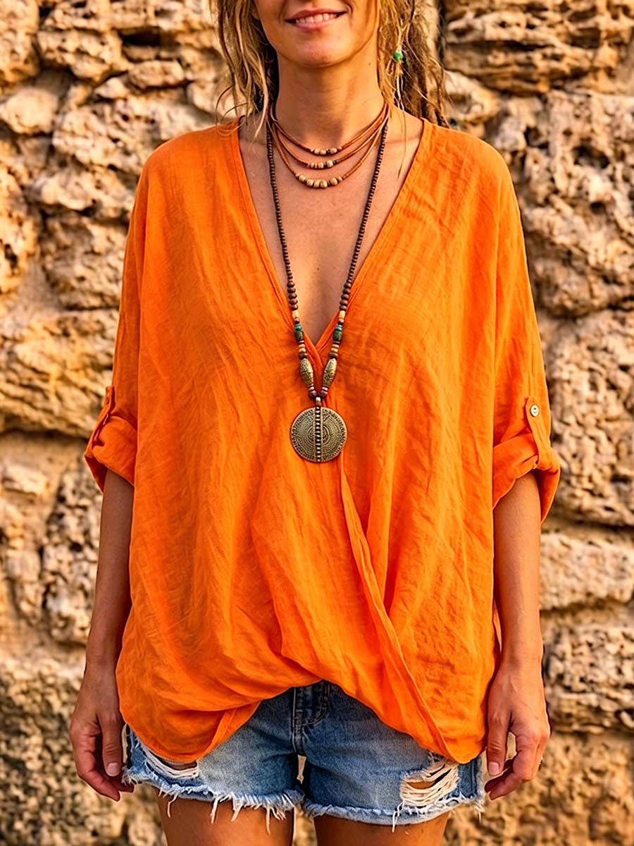 Women's Solid Color V-neck Long-sleeve Casual Loose Cotton-linen Top