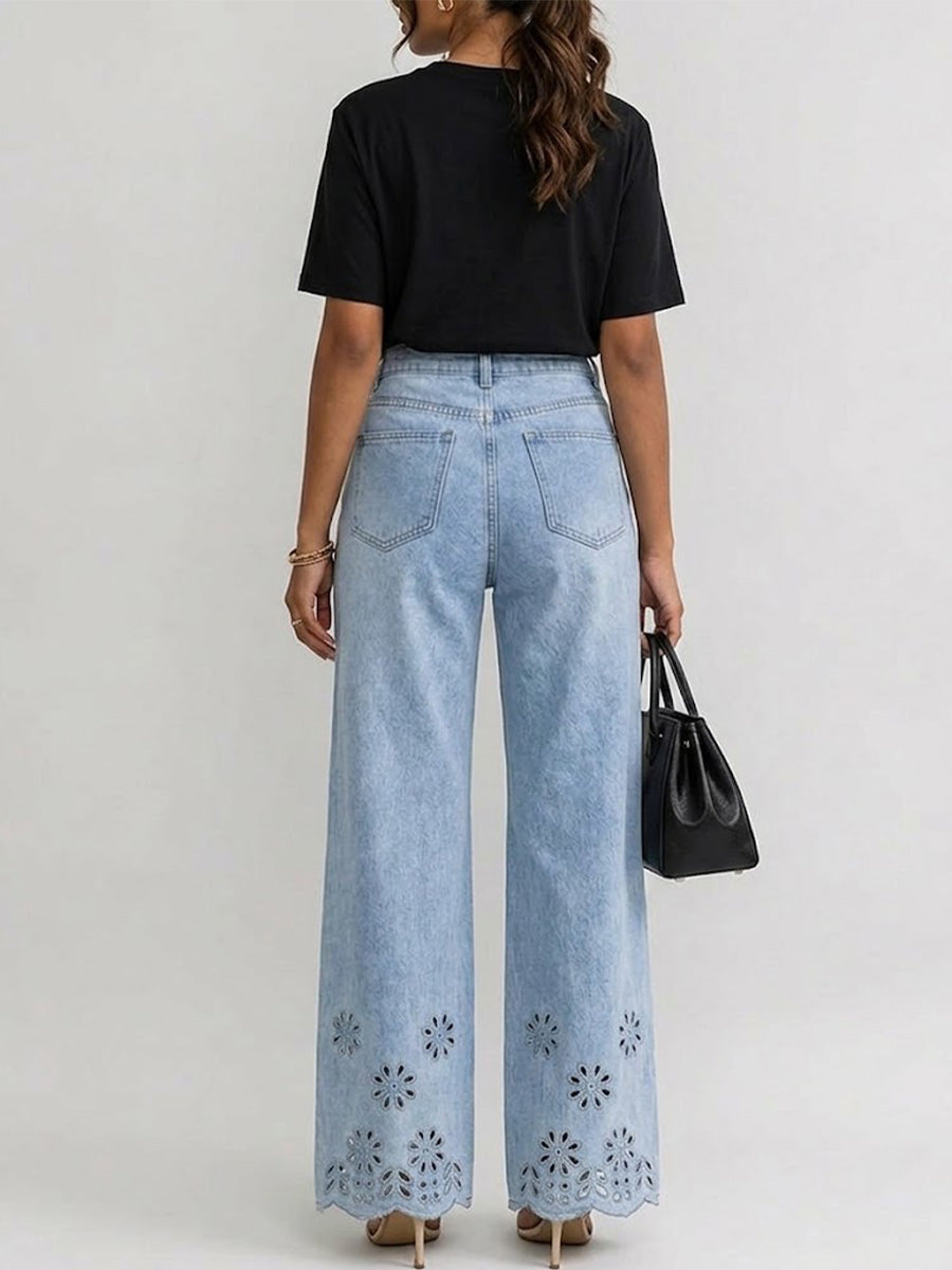 Women's High-waisted Tencel Wide-leg Cropped Jeans With Cut-out Floral Embroidery – Slimming Straight-leg Fit