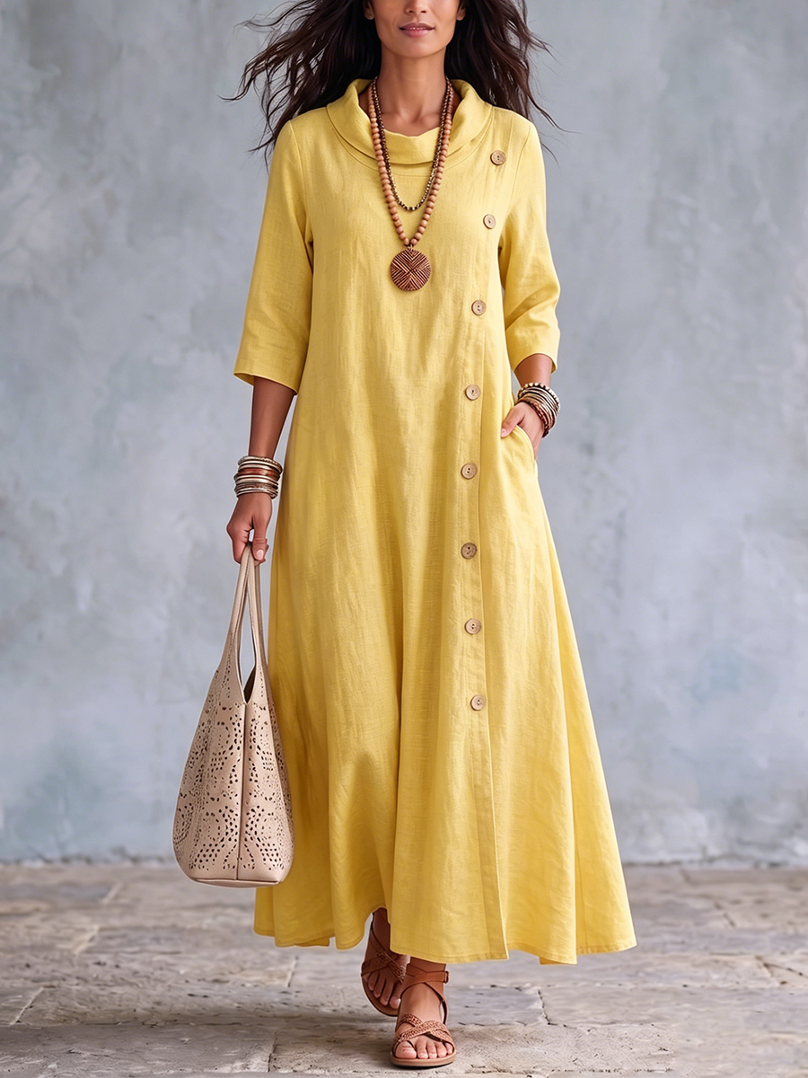 Elegant Yellow Mock-neck Cotton-linen Dress