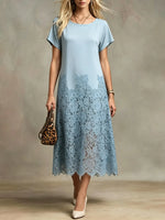 Women's Solid Floral Lace Spliced Satin Midi Dress