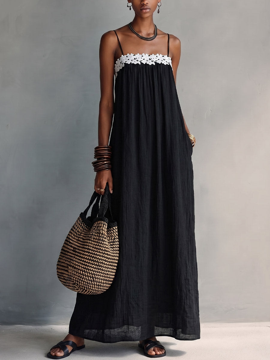 Women's Solid-color Patchwork Casual Loose A-line Cotton-linen Strapless Camisole Dress