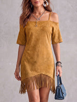Women's Solid Color Short-sleeve Casual Loose Suede Dress With Tassels